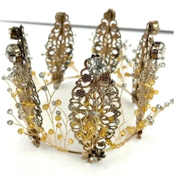 Bronze Tone Metal Tiara Crown Beaded Wired Floral Rhinestones Party Bridal - Picture 1 of 10